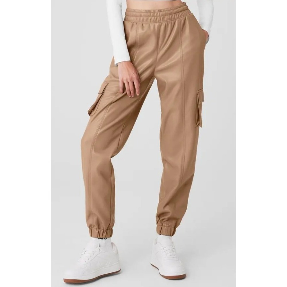 Alo Yoga Faux Leather Power Hour Jogger Pants Camel Tan High Waist Tapered Leg S